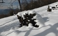 Houten balken in de sneeuw